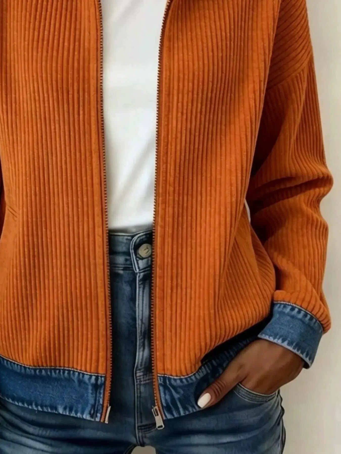 Contrast Denim Collar Ribbed Knit Jacket by Trendsi