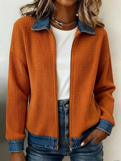 Contrast Denim Collar Ribbed Knit Jacket by Trendsi