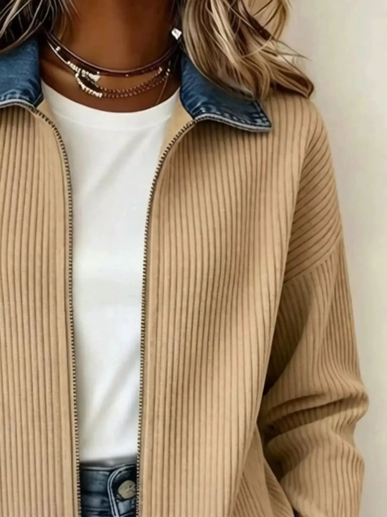 Contrast Denim Collar Ribbed Knit Jacket by Trendsi
