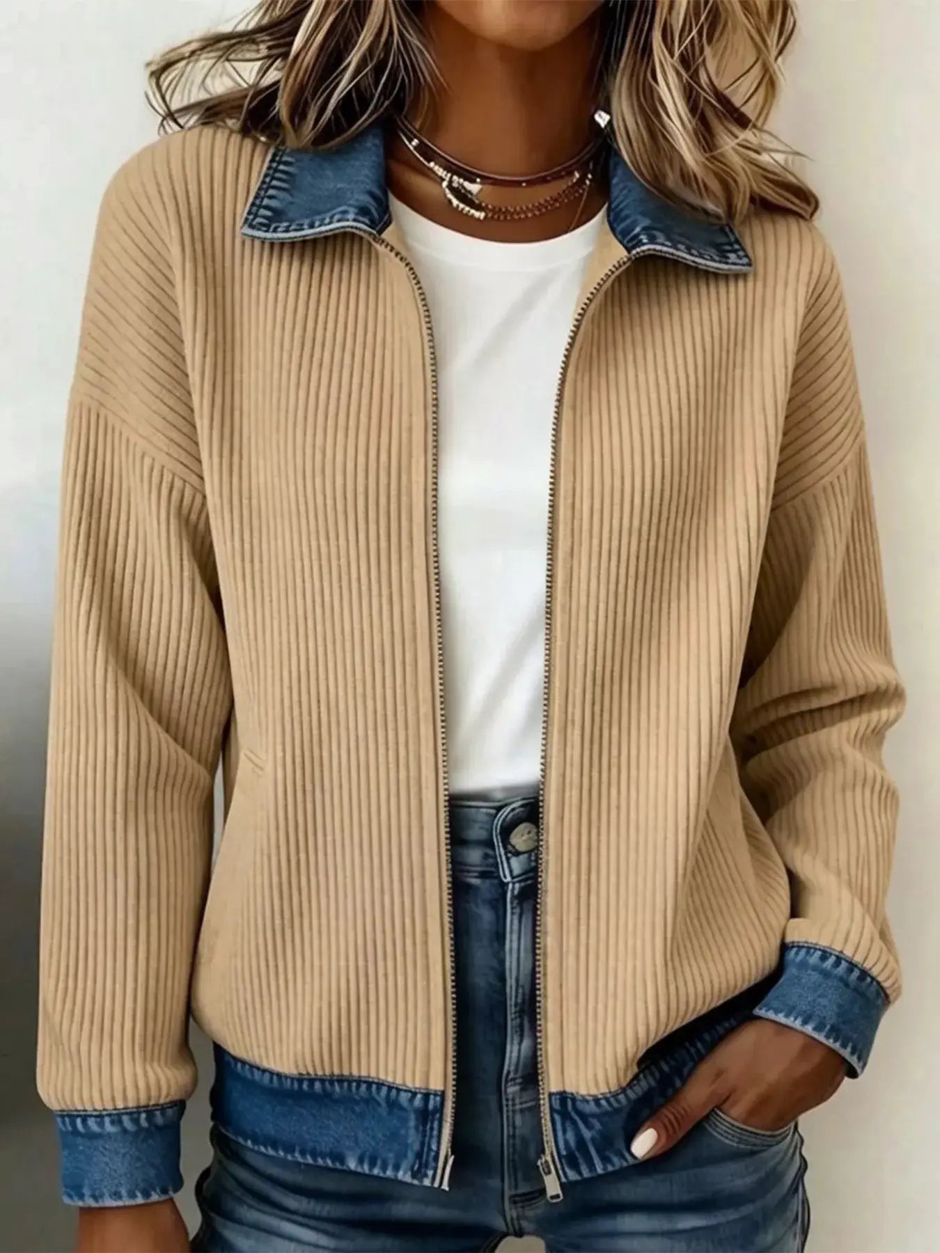 Contrast Denim Collar Ribbed Knit Jacket by Trendsi