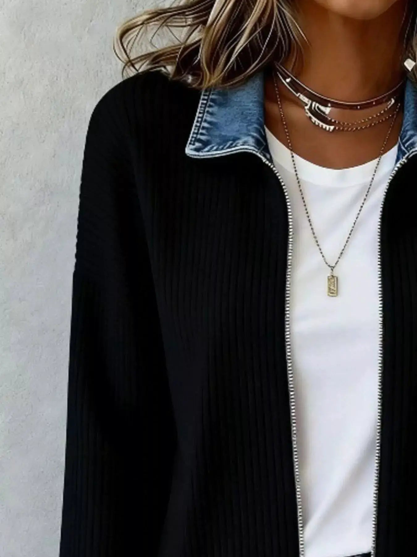 Contrast Denim Collar Ribbed Knit Jacket by Trendsi