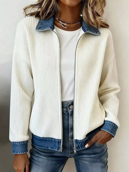 Contrast Denim Collar Ribbed Knit Jacket - Bitsy Gypsy Boutique