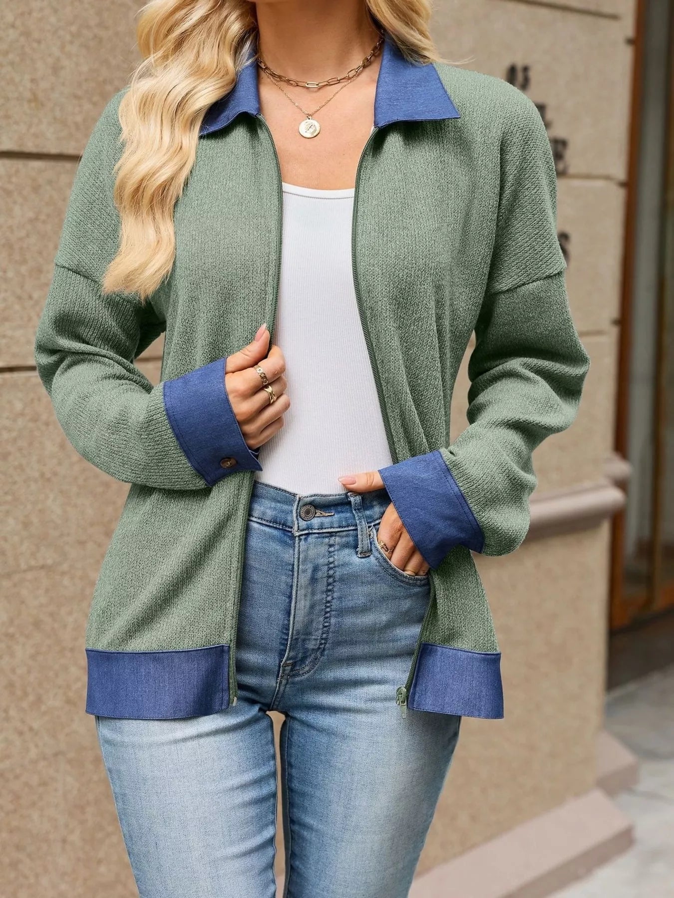 Contrast Denim Collar Zip Up Outerwear - Bitsy Gypsy Boutique