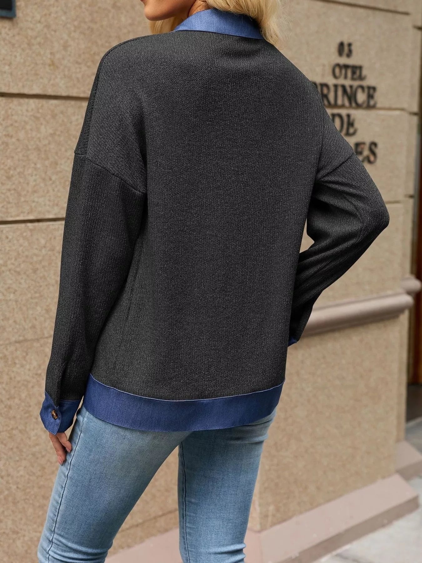 Contrast Denim Collar Zip Up Outerwear - Bitsy Gypsy Boutique