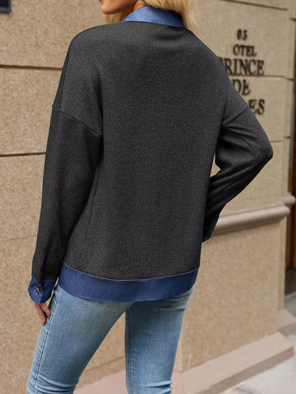 Contrast Denim Collar Zip Up Outerwear - Bitsy Gypsy Boutique