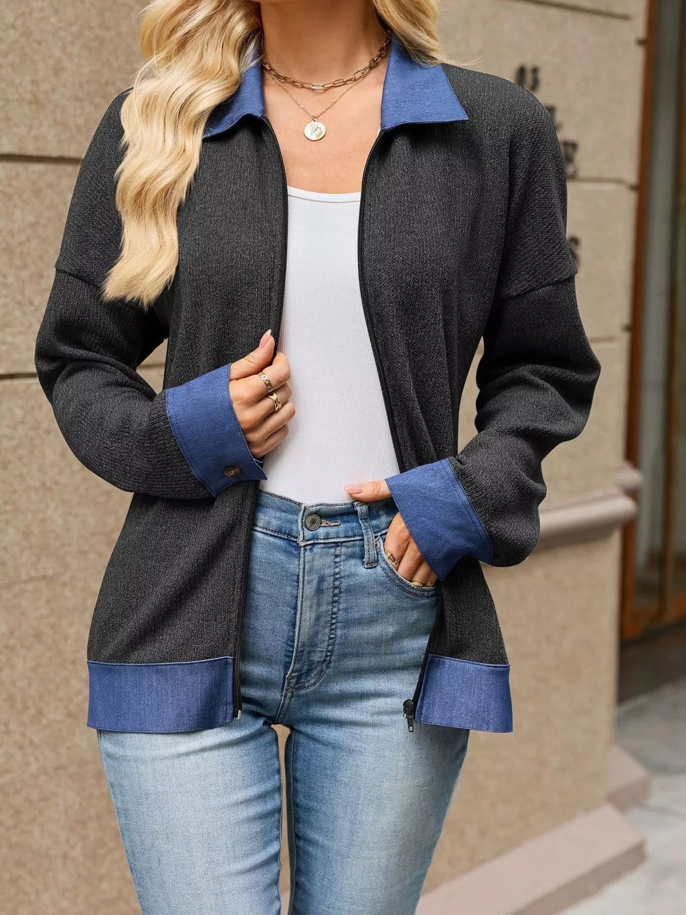 Contrast Denim Collar Zip Up Outerwear - Bitsy Gypsy Boutique