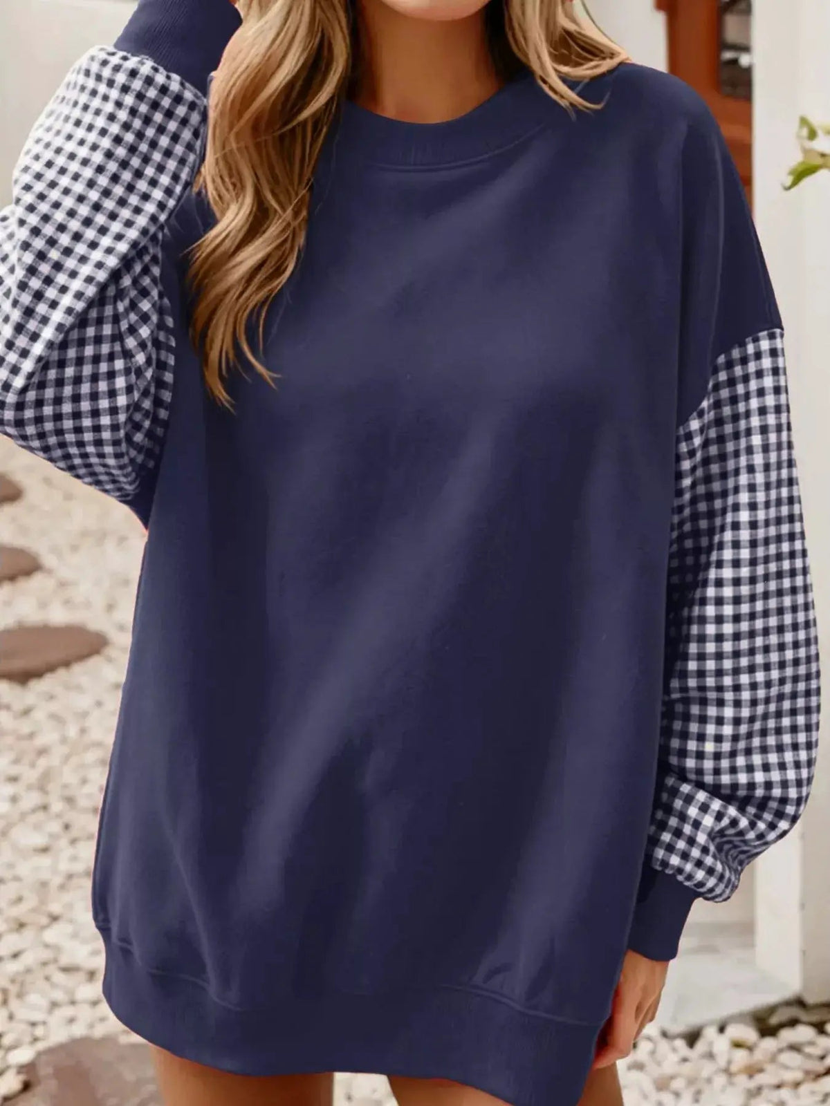 Contrast Gingham Long Sleeve Sweatshirt - Bitsy Gypsy Boutique