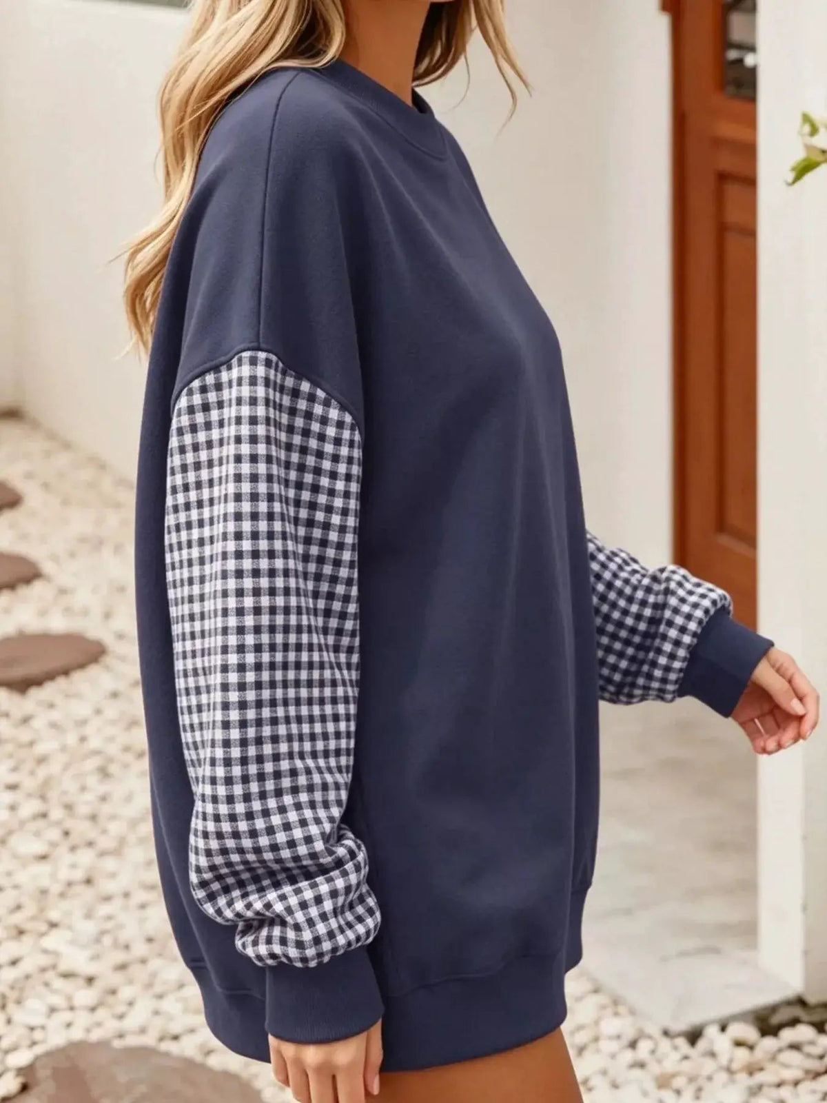 Contrast Gingham Long Sleeve Sweatshirt - Bitsy Gypsy Boutique