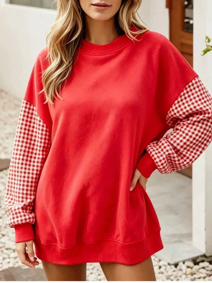 Contrast Gingham Long Sleeve Sweatshirt - Bitsy Gypsy Boutique