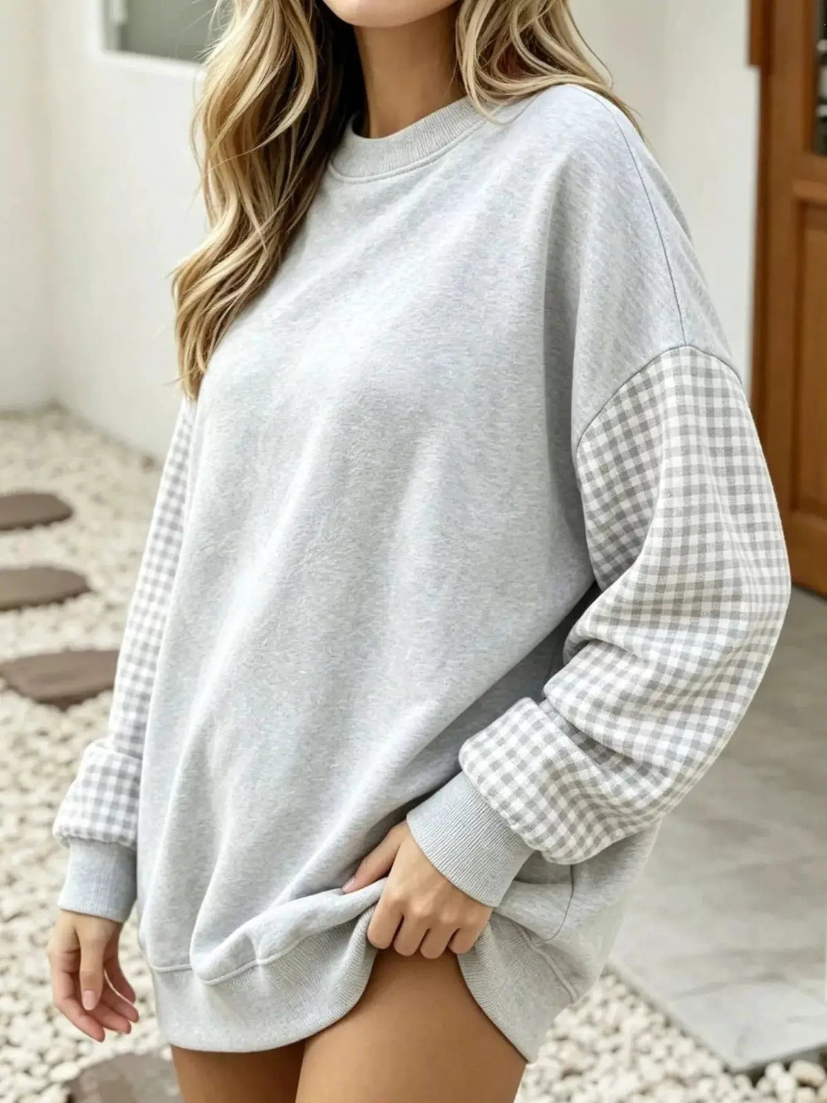 Contrast Gingham Long Sleeve Sweatshirt - Bitsy Gypsy Boutique