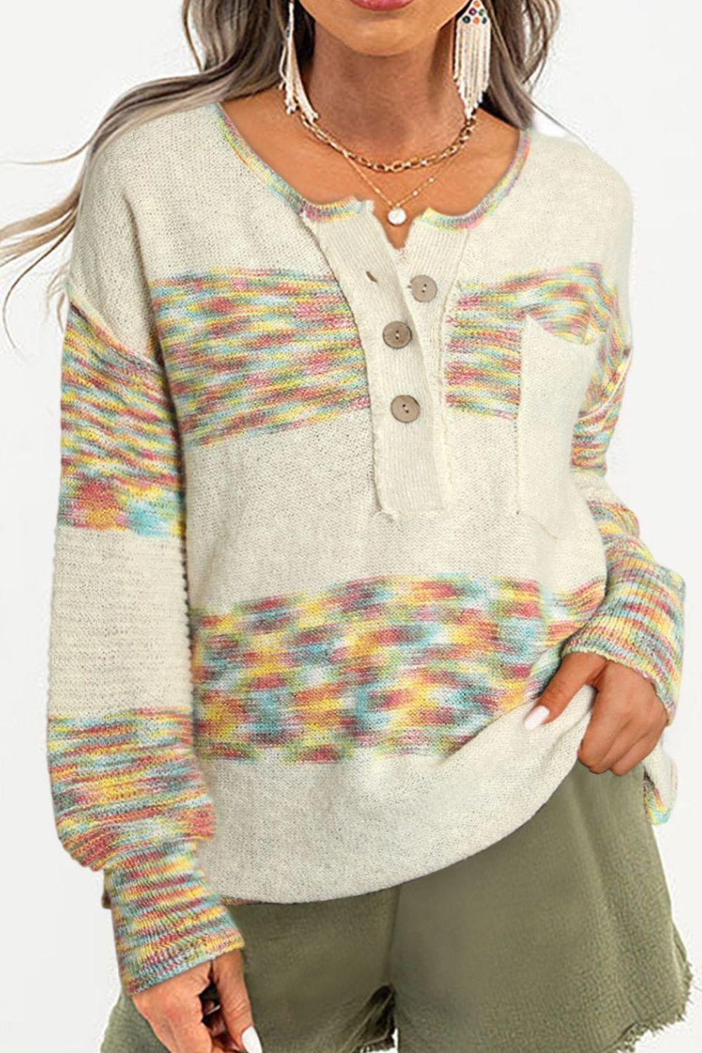 Contrast Half Button Long Sleeve Sweater - Bitsy Gypsy Boutique