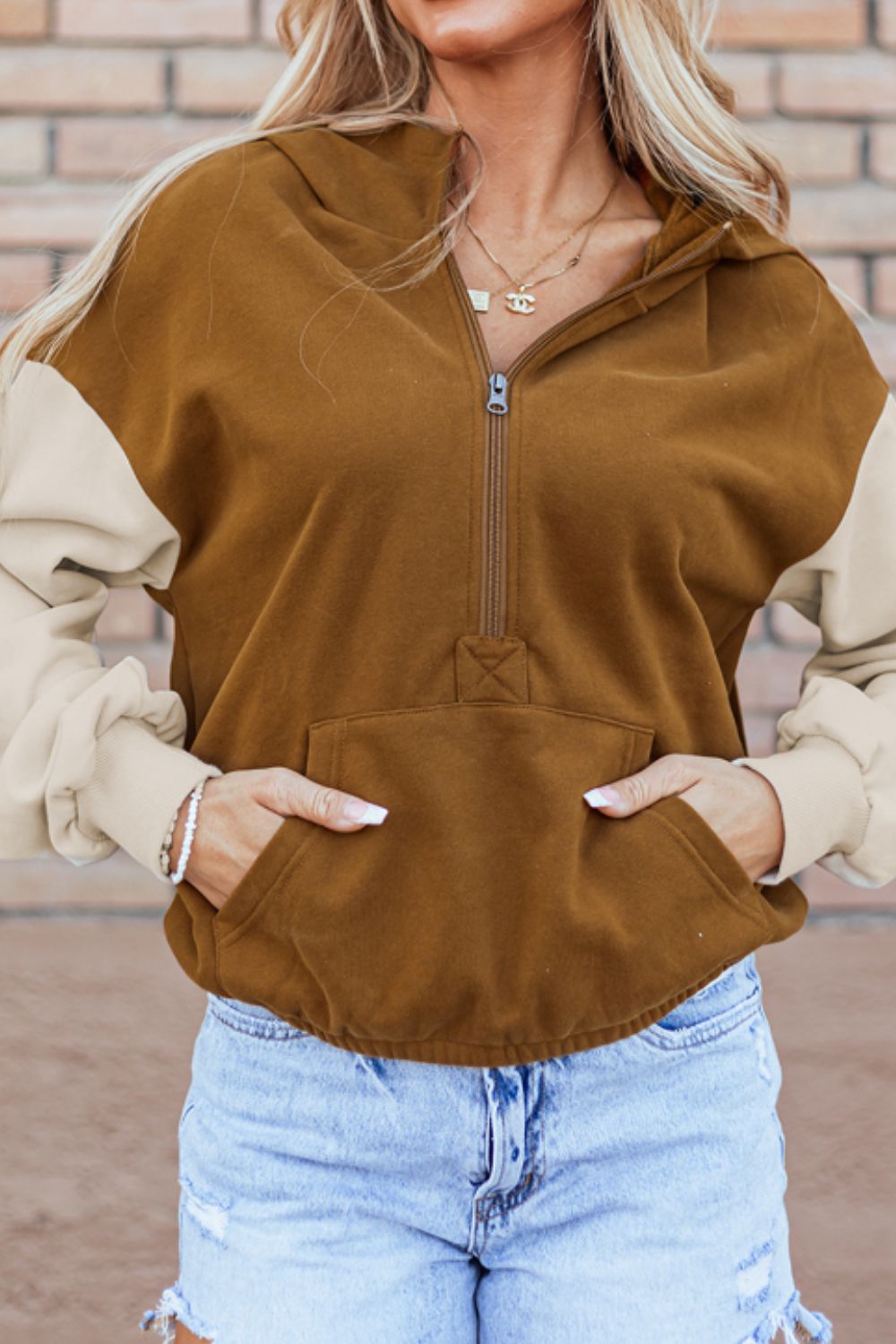 Contrast Half Zip Long Sleeve Hoodie - Bitsy Gypsy Boutique