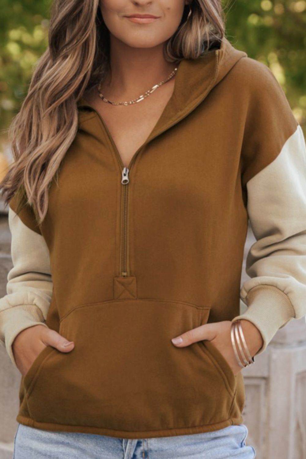 Contrast Half Zip Long Sleeve Hoodie - Bitsy Gypsy Boutique