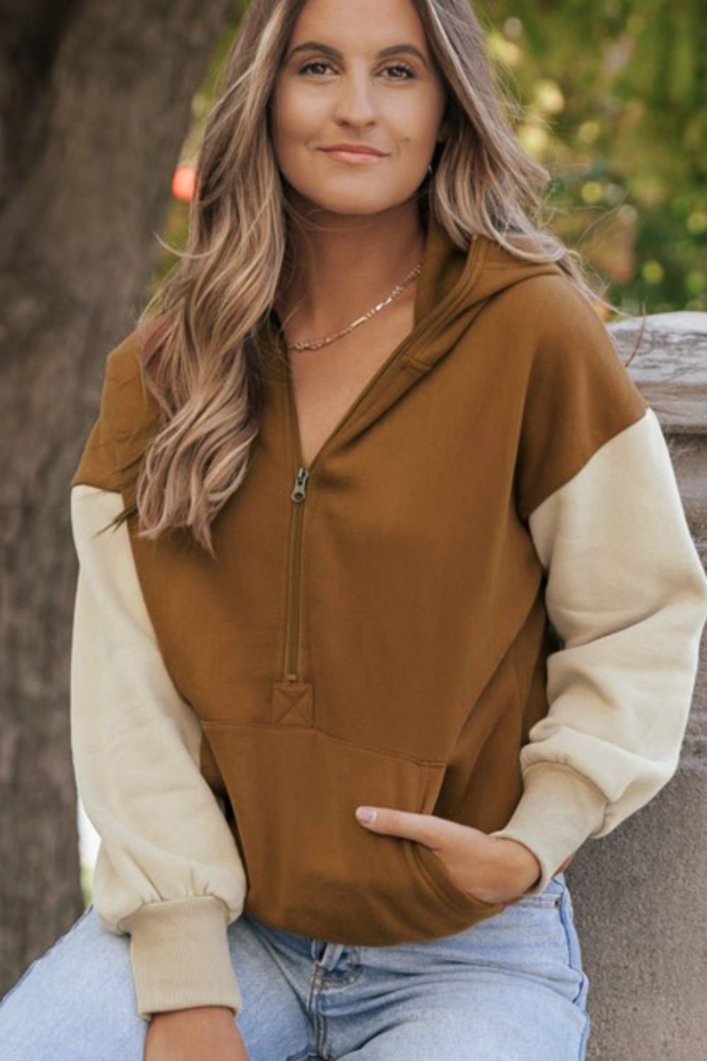 Contrast Half Zip Long Sleeve Hoodie - Bitsy Gypsy Boutique