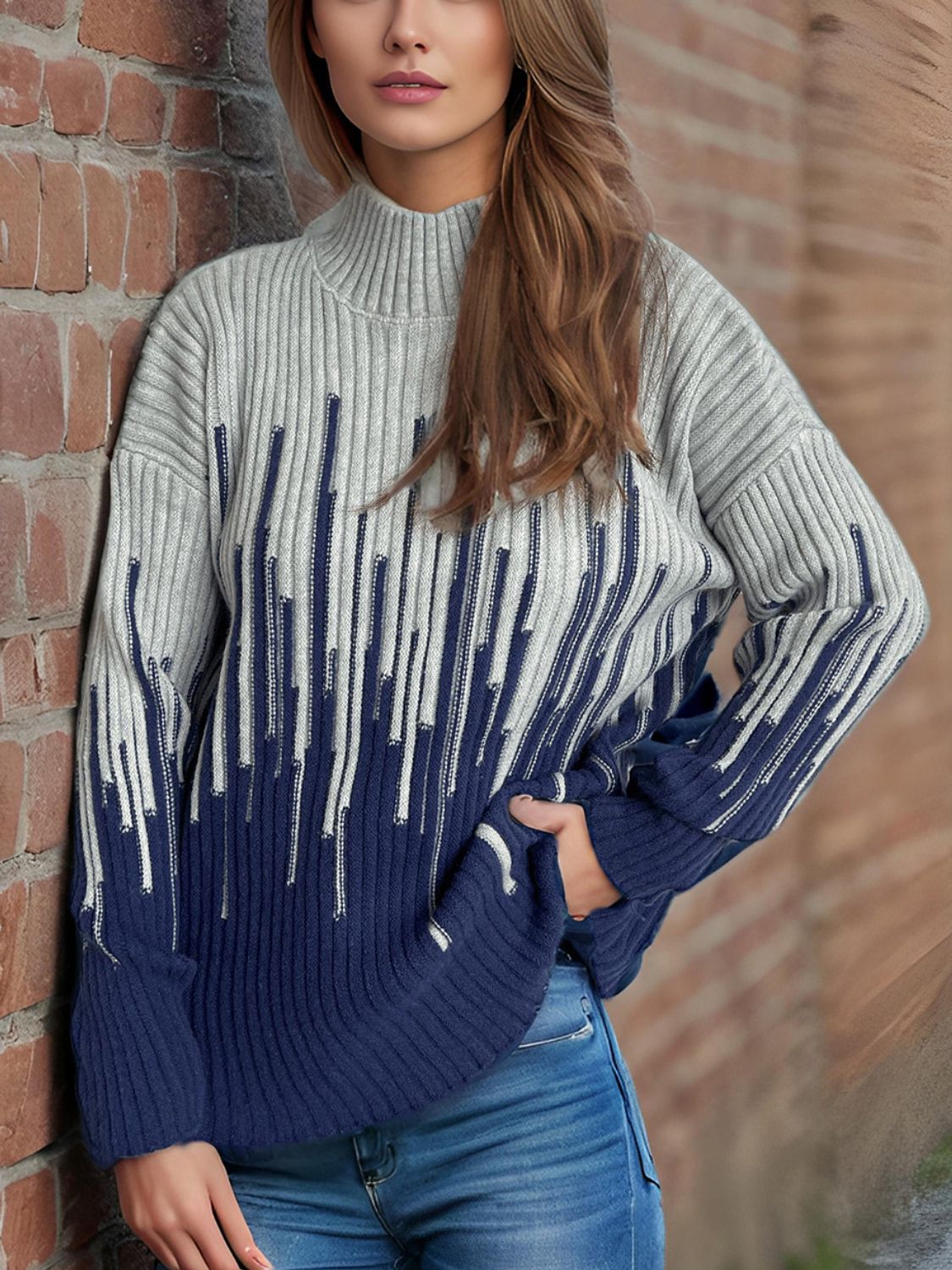 Contrast Mock Neck Long Sleeve Sweater - Bitsy Gypsy Boutique