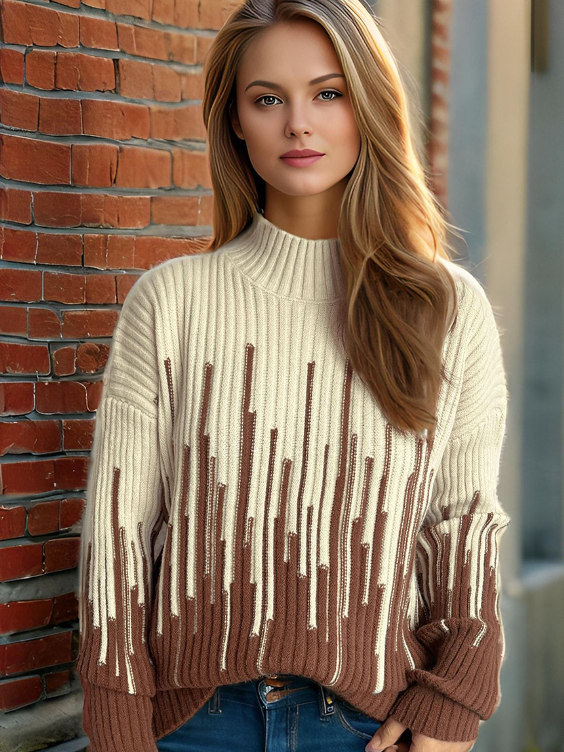 Contrast Mock Neck Long Sleeve Sweater - Bitsy Gypsy Boutique