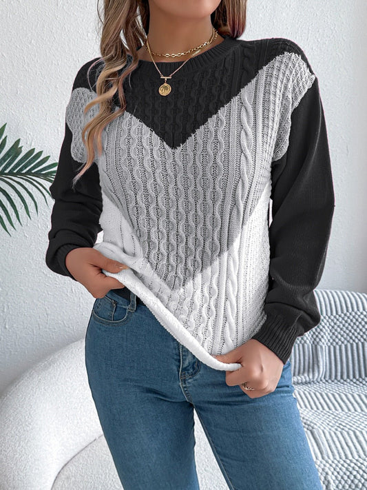 Contrast Round Neck Long Sleeve Sweater - Bitsy Gypsy Boutique