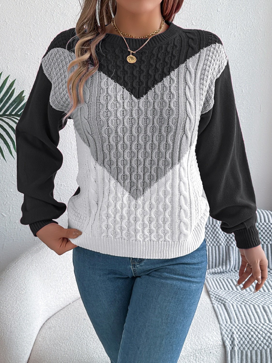 Contrast Round Neck Long Sleeve Sweater - Bitsy Gypsy Boutique