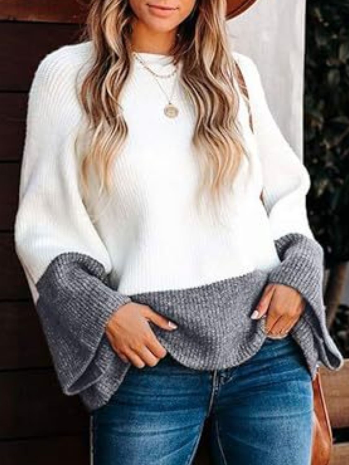 Contrast Round Neck Long Sleeve Sweater - Bitsy Gypsy Boutique