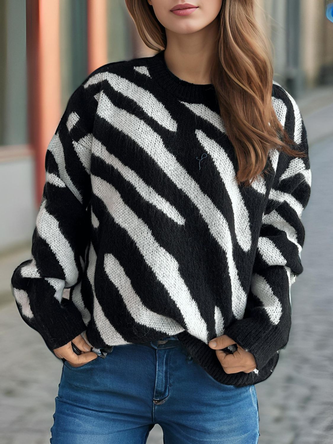 Contrast Round Neck Long Sleeve Sweater - Bitsy Gypsy Boutique