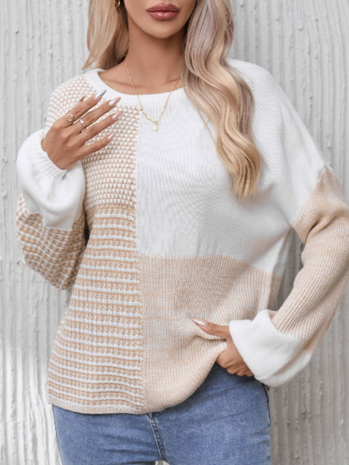 Contrast Round Neck Long Sleeve Sweater - Bitsy Gypsy Boutique