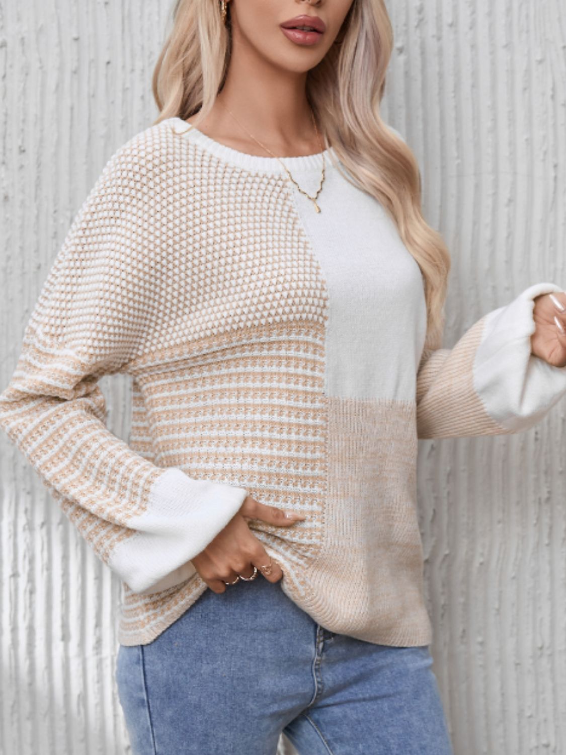 Contrast Round Neck Long Sleeve Sweater - Bitsy Gypsy Boutique