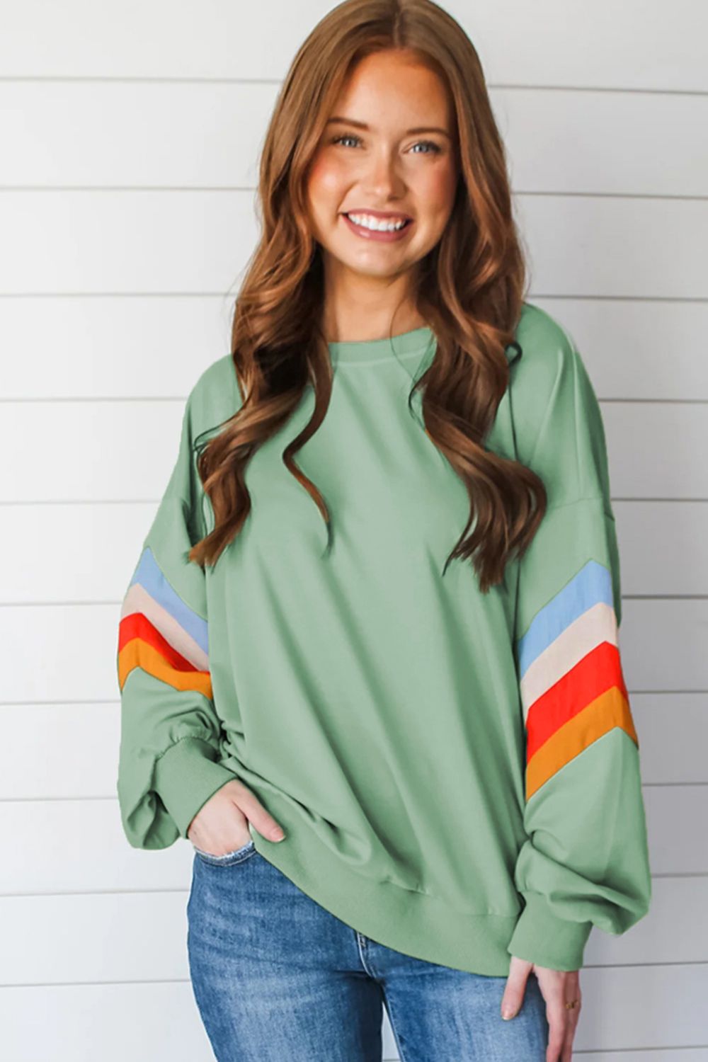 Contrast Round Neck Long Sleeve Sweatshirt - Bitsy Gypsy Boutique