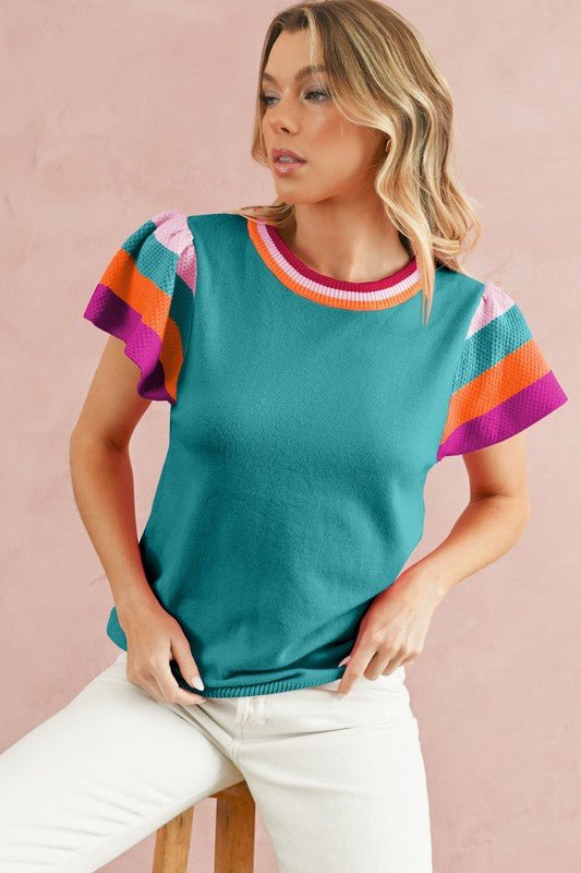 Contrast Sleeve Striped Round Neck Knitted Tee - Bitsy Gypsy Boutique