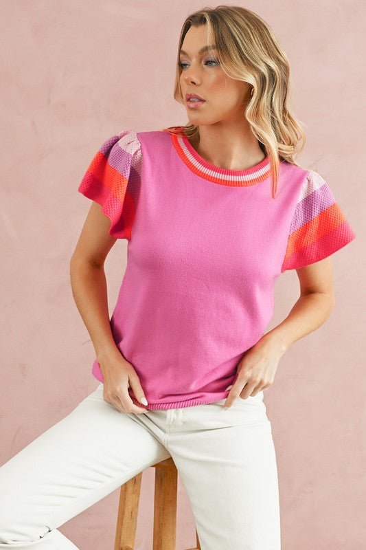 Contrast Sleeve Striped Round Neck Knitted Tee - Bitsy Gypsy Boutique