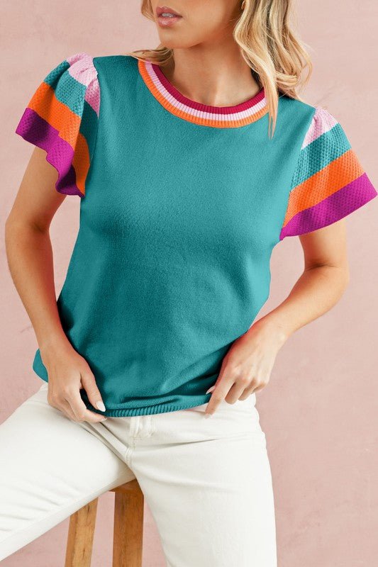 Contrast Sleeve Striped Round Neck Knitted Tee - Bitsy Gypsy Boutique