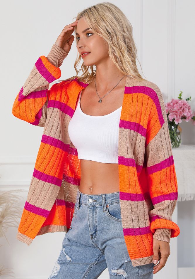 Contrast Striped Drop Shoulder Open Front Cardigan - Bitsy Gypsy Boutique