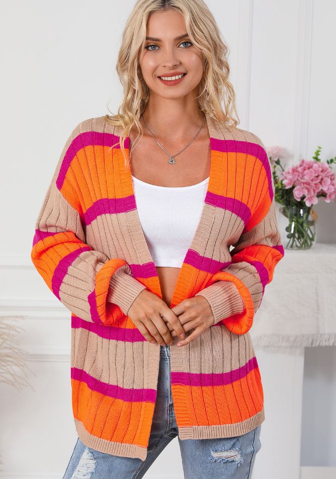 Contrast Striped Drop Shoulder Open Front Cardigan - Bitsy Gypsy Boutique