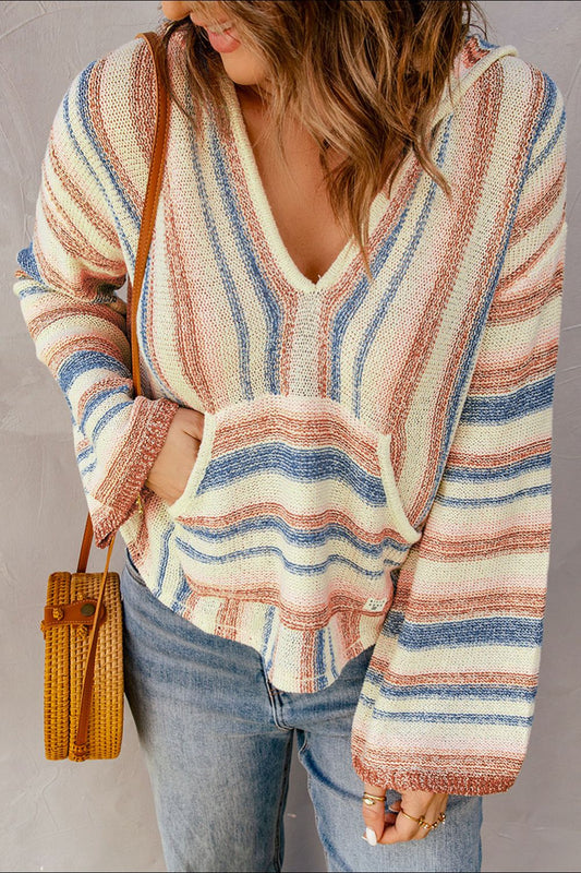 Contrast Striped Dropped Shoulder Hooded Knit Top - Bitsy Gypsy Boutique