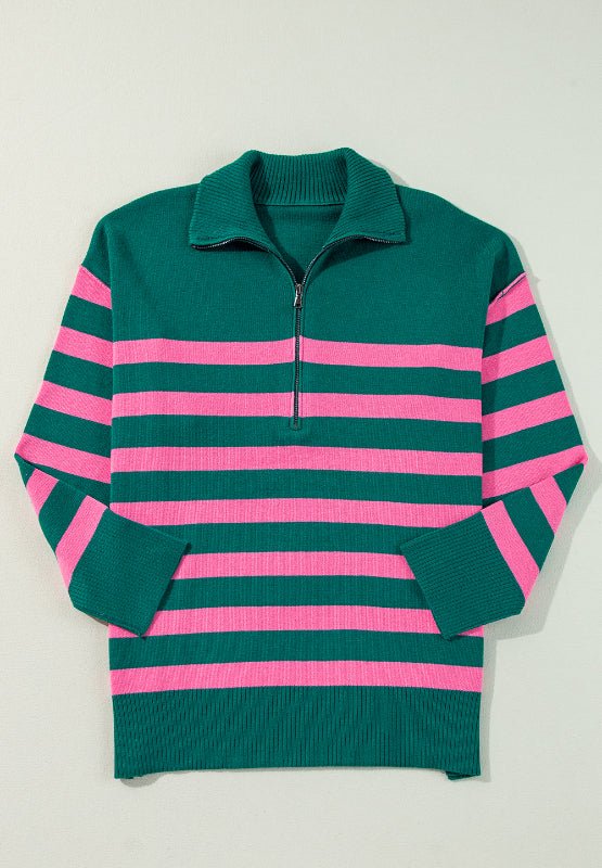 Contrast Striped Quarter Zip Long Sleeve Sweater - Bitsy Gypsy Boutique