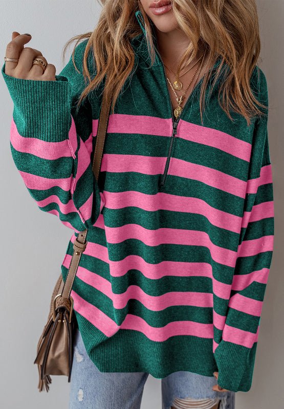 Contrast Striped Quarter Zip Long Sleeve Sweater - Bitsy Gypsy Boutique