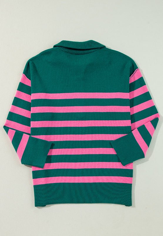 Contrast Striped Quarter Zip Long Sleeve Sweater - Bitsy Gypsy Boutique