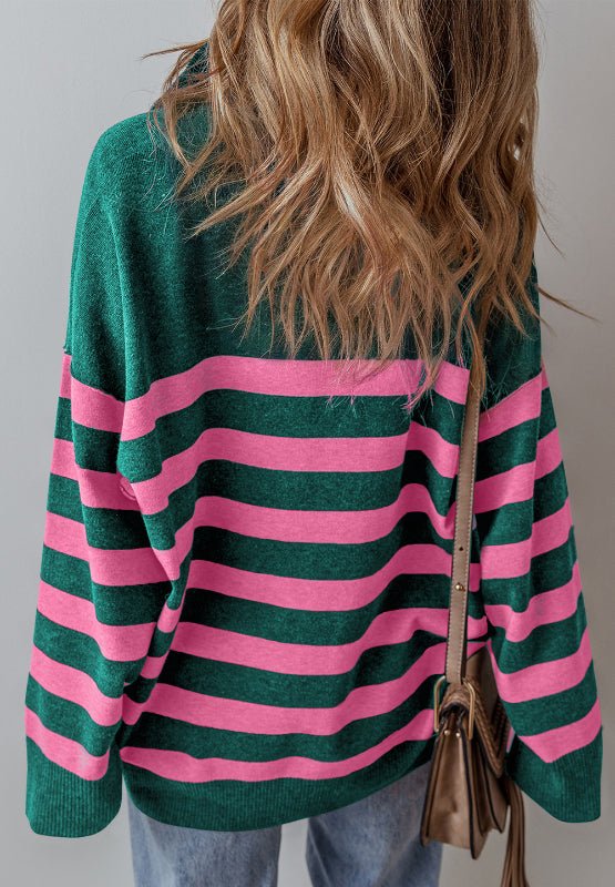 Contrast Striped Quarter Zip Long Sleeve Sweater - Bitsy Gypsy Boutique