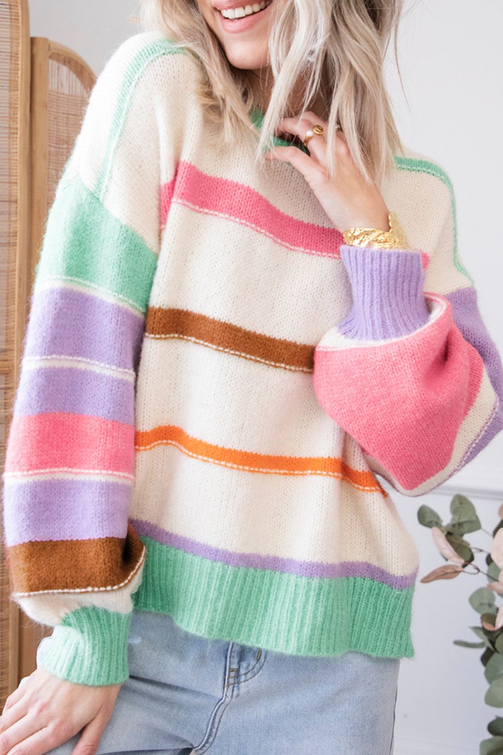 Contrast Striped Round Neck Drop Shoulder Sweater - Bitsy Gypsy Boutique