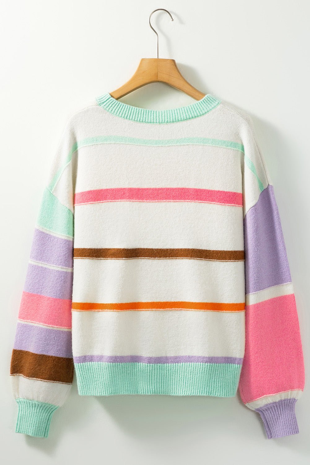 Contrast Striped Round Neck Drop Shoulder Sweater - Bitsy Gypsy Boutique