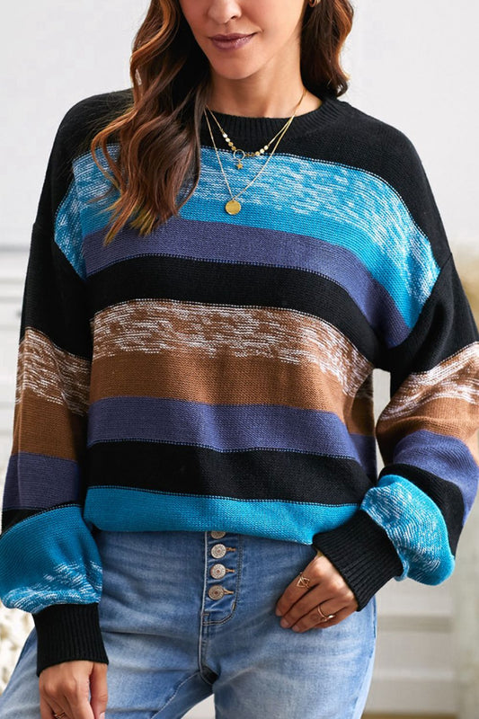 Contrast Striped Round Neck Drop Shoulder Sweater - Bitsy Gypsy Boutique