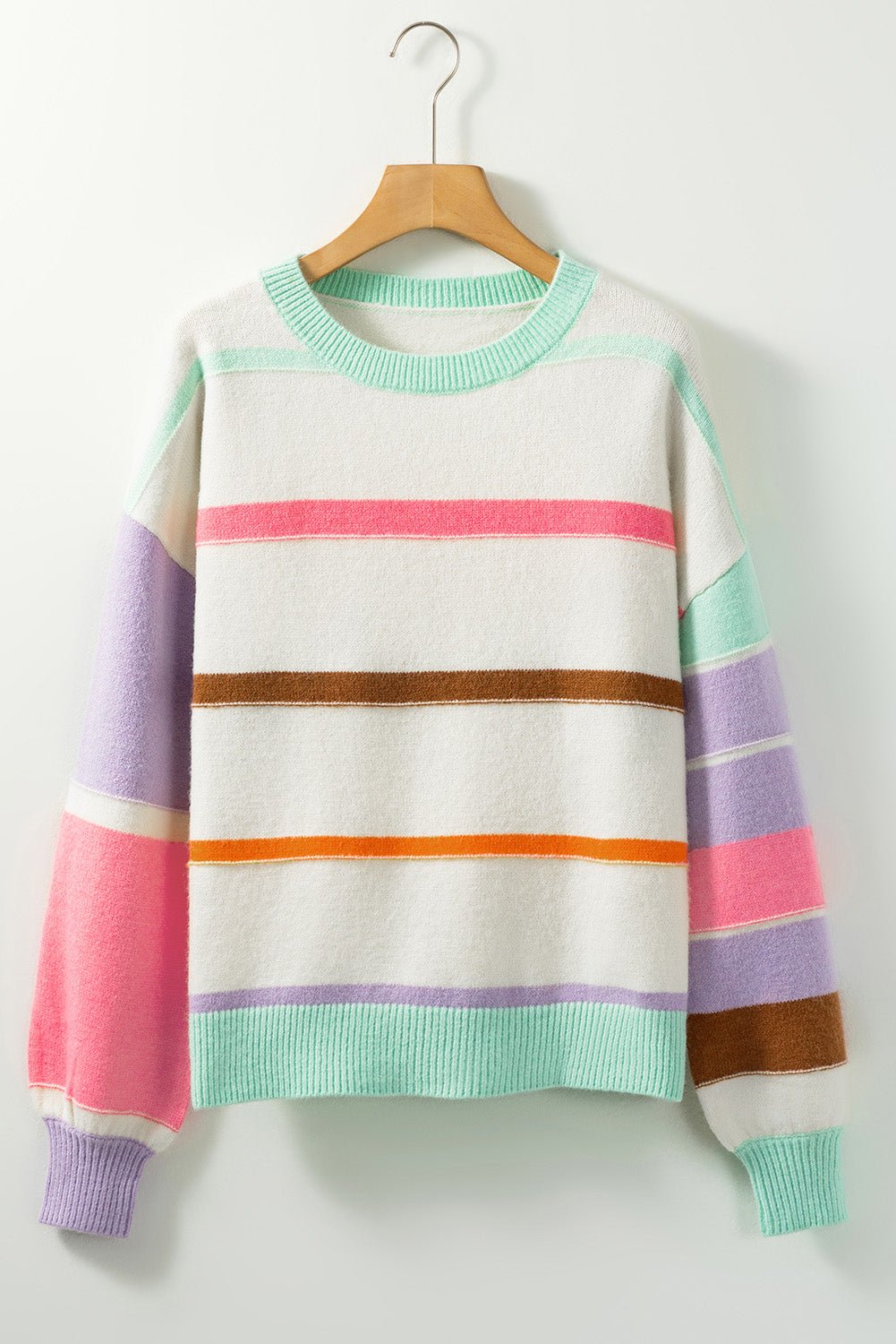 Contrast Striped Round Neck Drop Shoulder Sweater - Bitsy Gypsy Boutique