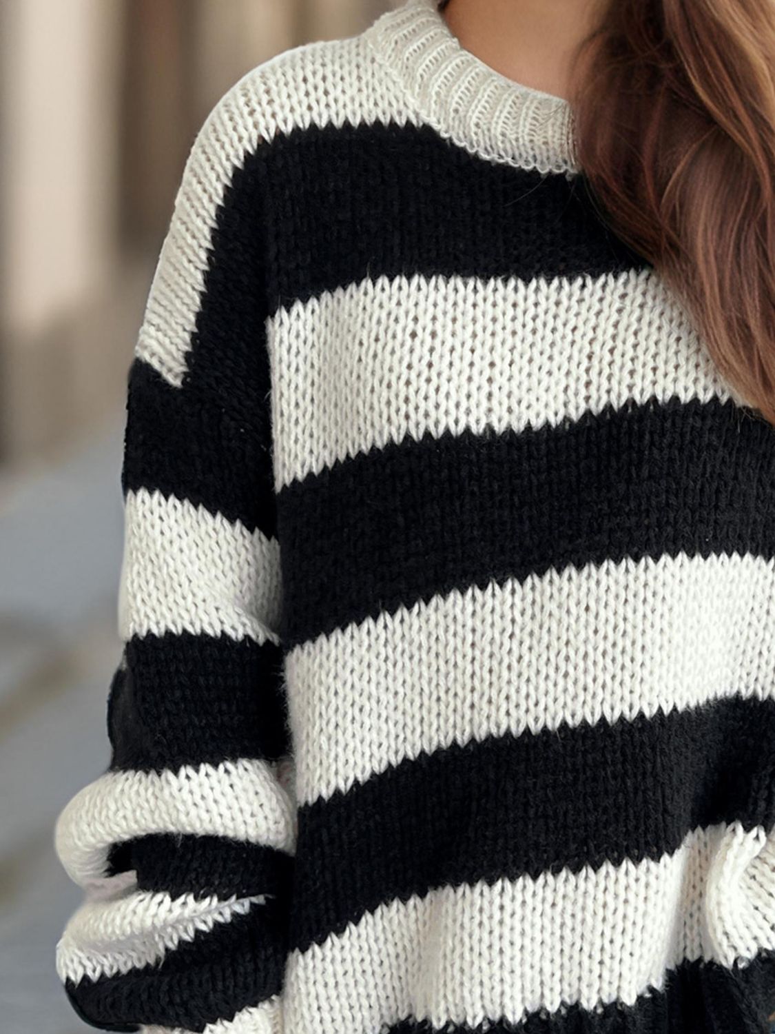 Contrast Striped Round Neck Long Sleeve Sweater - Bitsy Gypsy Boutique