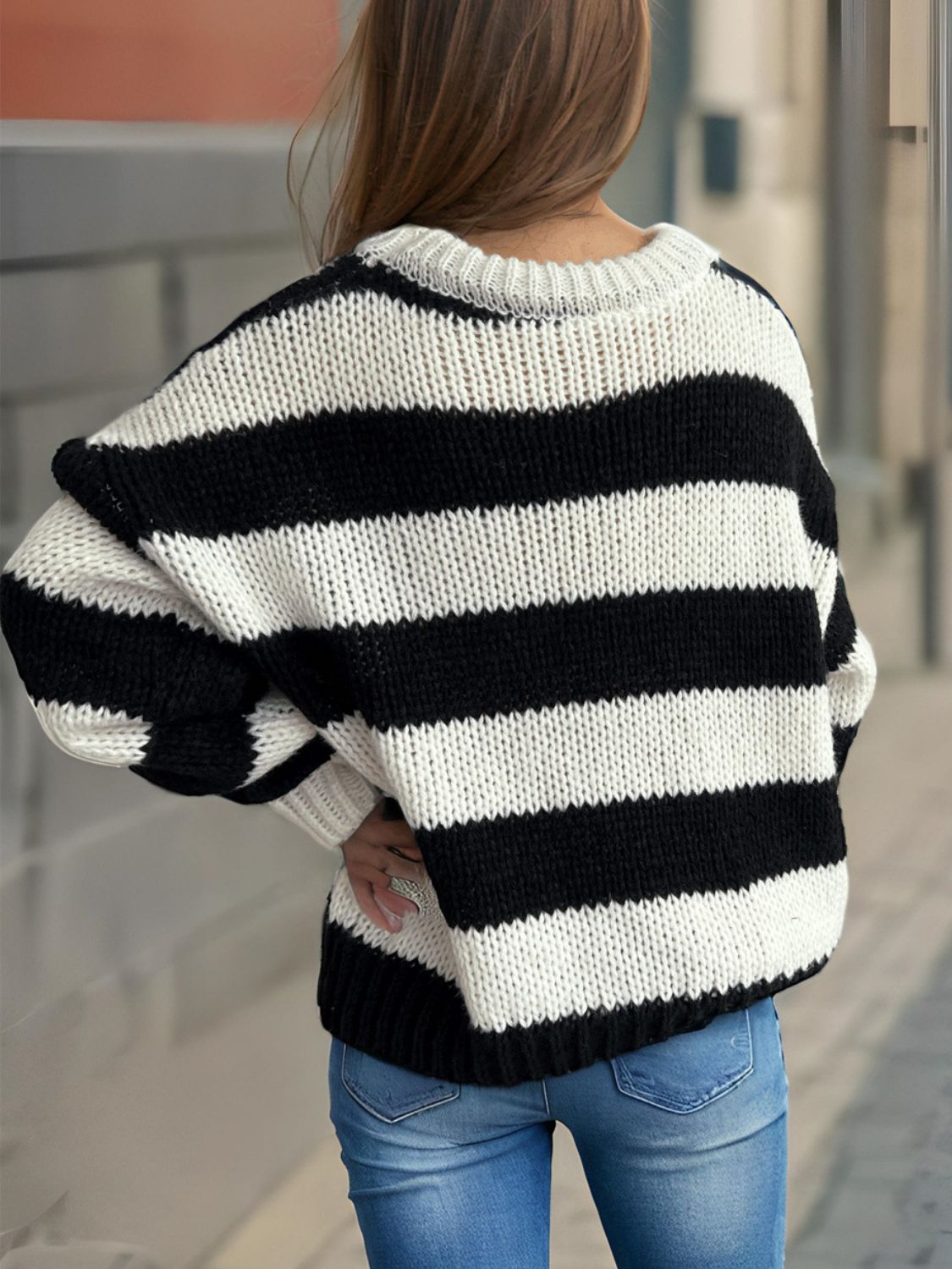 Contrast Striped Round Neck Long Sleeve Sweater - Bitsy Gypsy Boutique