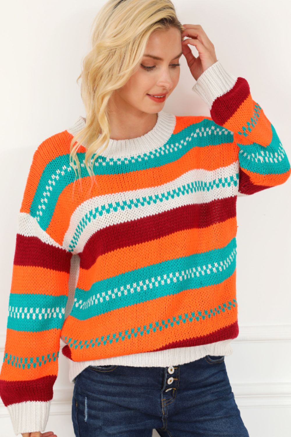 Contrast Striped Round Neck Long Sleeve Sweater - Bitsy Gypsy Boutique