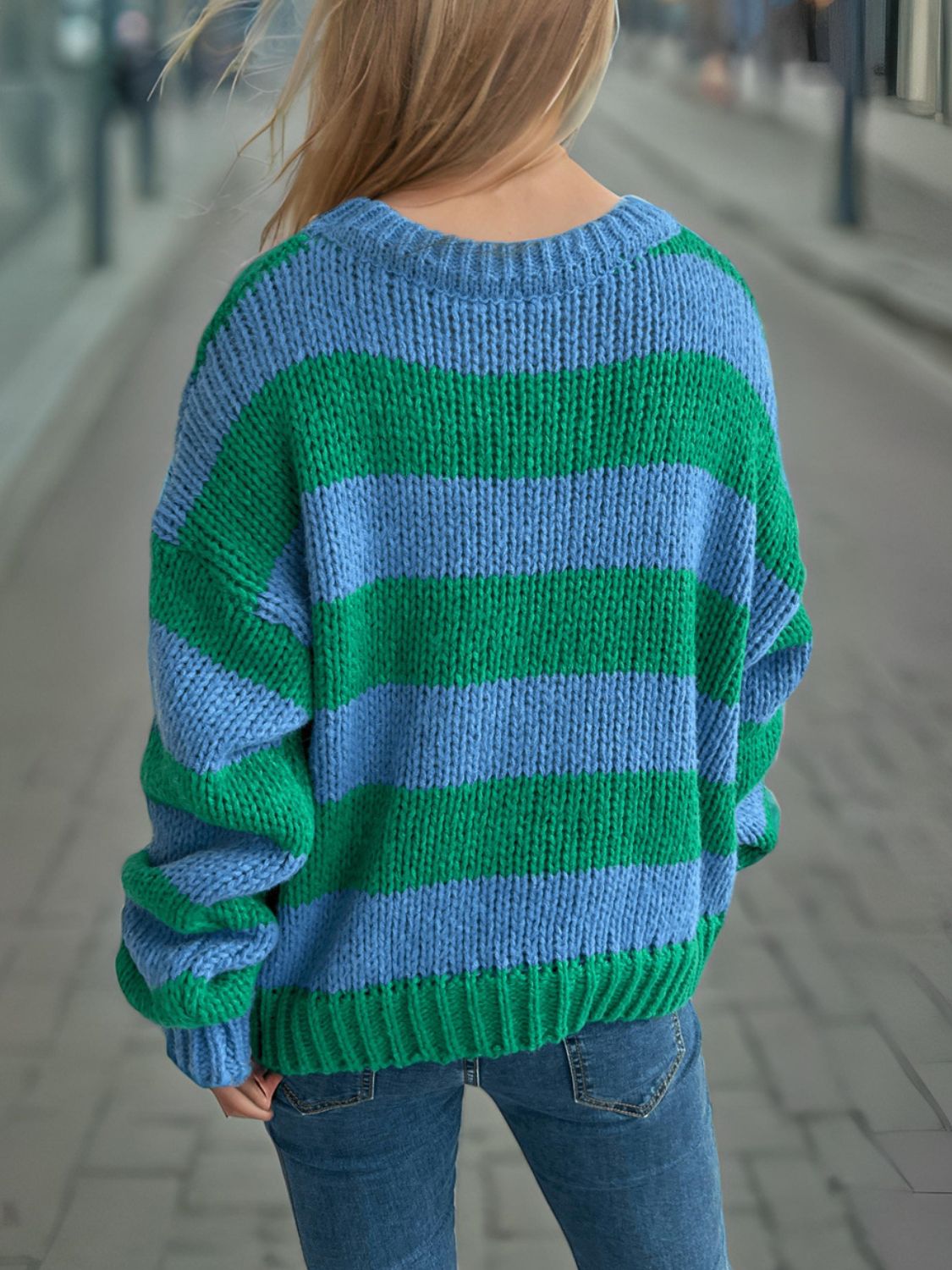 Contrast Striped Round Neck Long Sleeve Sweater - Bitsy Gypsy Boutique