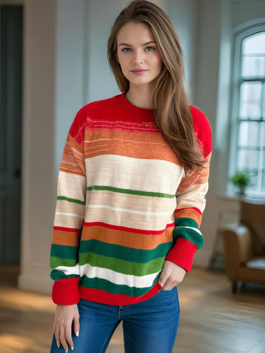 Contrast Striped Round Neck Long Sleeve Sweater - Bitsy Gypsy Boutique