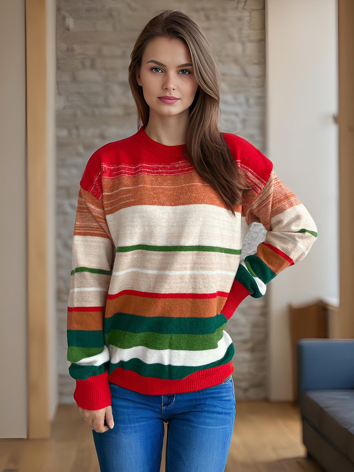 Contrast Striped Round Neck Long Sleeve Sweater - Bitsy Gypsy Boutique