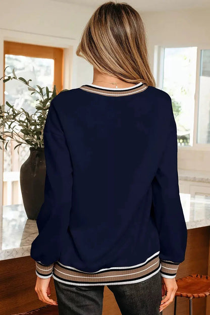 Contrast Striped Trim V Neck Sweatshirt - Bitsy Gypsy Boutique