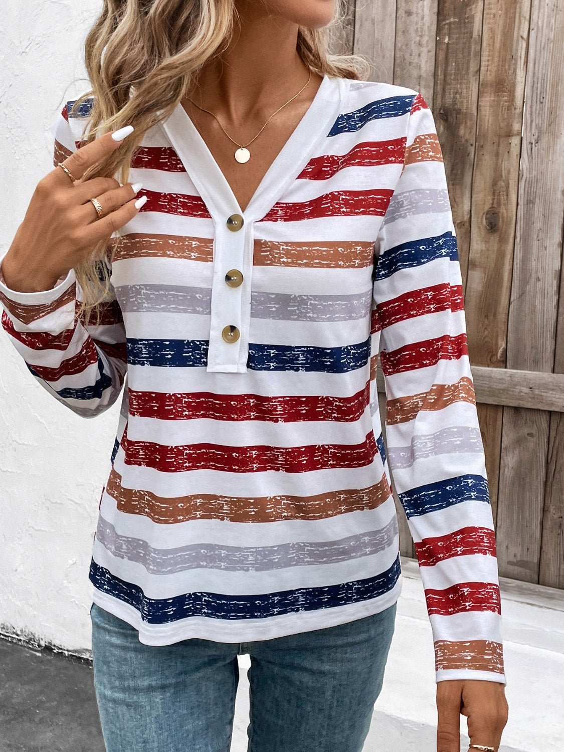 Contrast Striped V - Neck Long Sleeve T-Shirt - Bitsy Gypsy Boutique