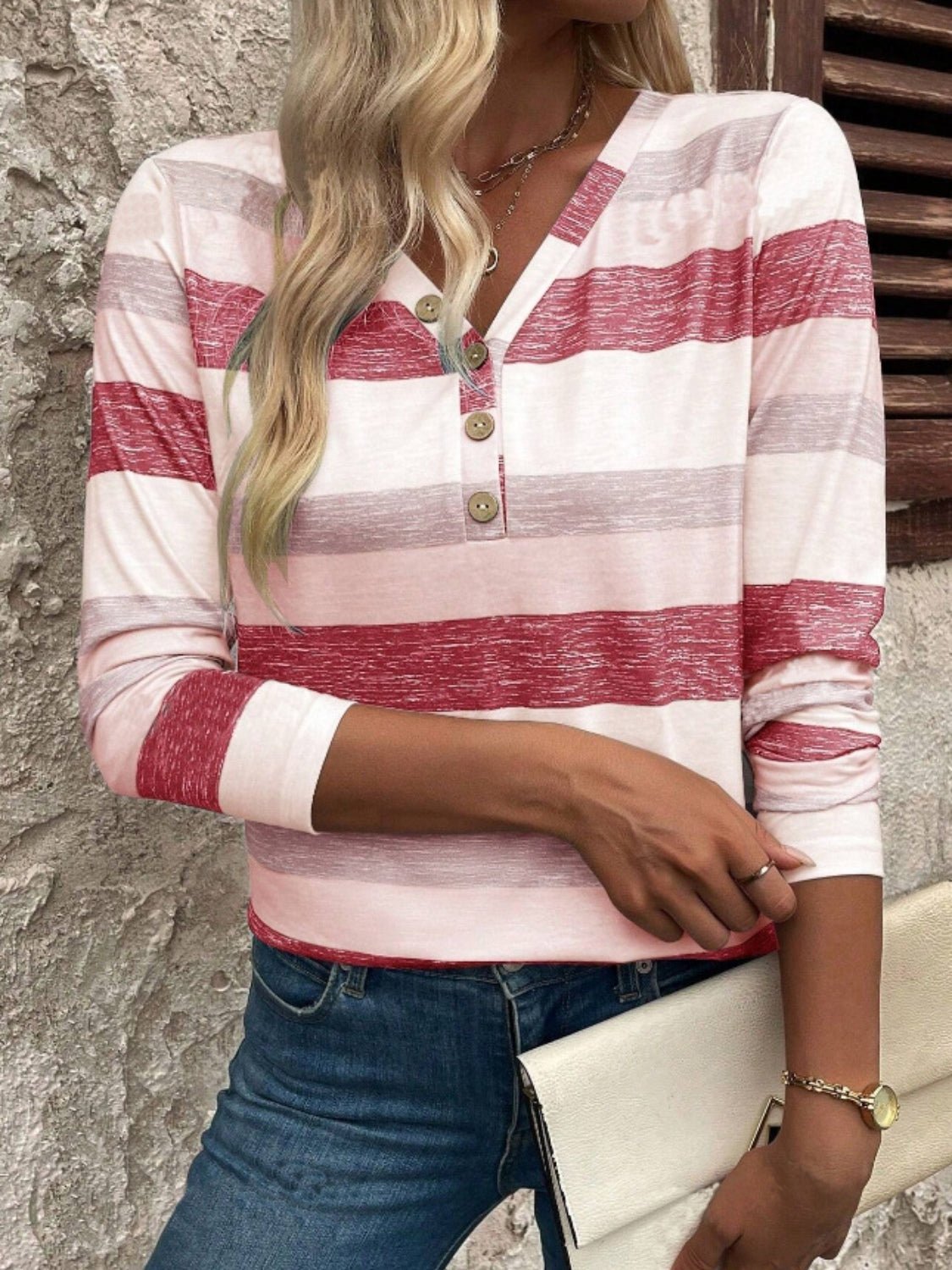 Contrast Striped V - Neck Long Sleeve T-Shirt - Bitsy Gypsy Boutique